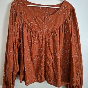 No Brand Prairie Leaf Print Blouse Roomy Rust/Orange Roomy 2x